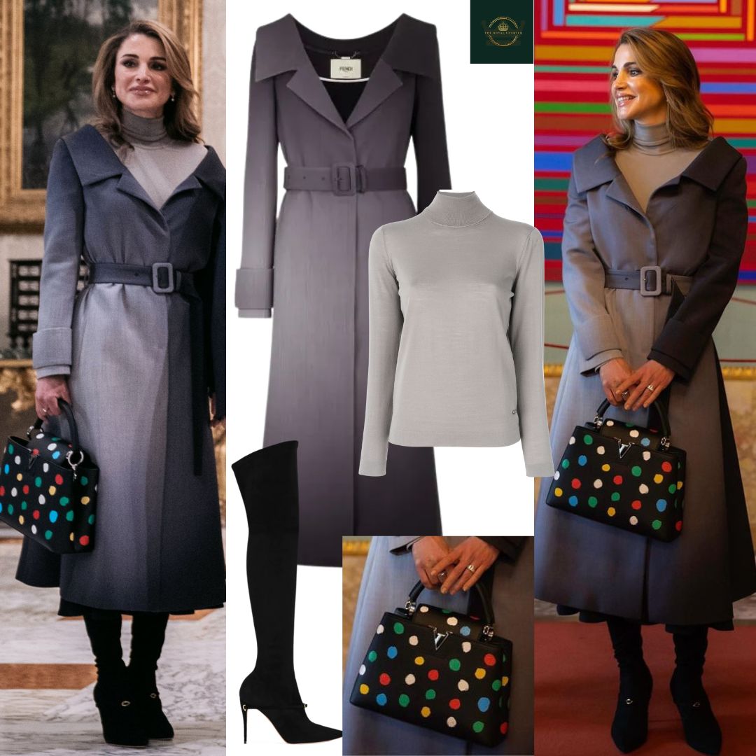 Queen Rania wore a an Fendi off-the-shoulder Ombré belted trench coat with her Salvatore Ferragamo grey turtleneck sweater and a black skirt. She paired the outfit with Jennifer Chamandi Alessandro 105 Black suede long boots and her Louis Vuitton x Yayoi Kusama Capucines Bag in Italy
