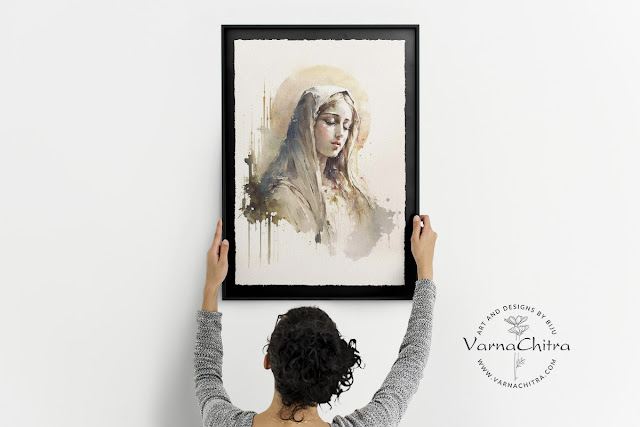 Elegant Painting of Holy Mary by varnachitra.  Watercolor painting in painterly strokes.