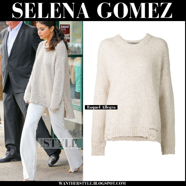 Selena Gomez: White Sweater, Beige Leather Pants