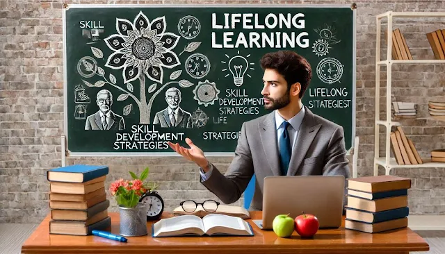 An individual learning new skills on a laptop, surrounded by books.