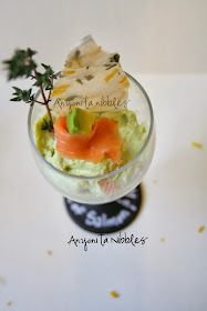 Overhead of a Verrine of Smoked Salmon Mousse with Avocado Guacamole