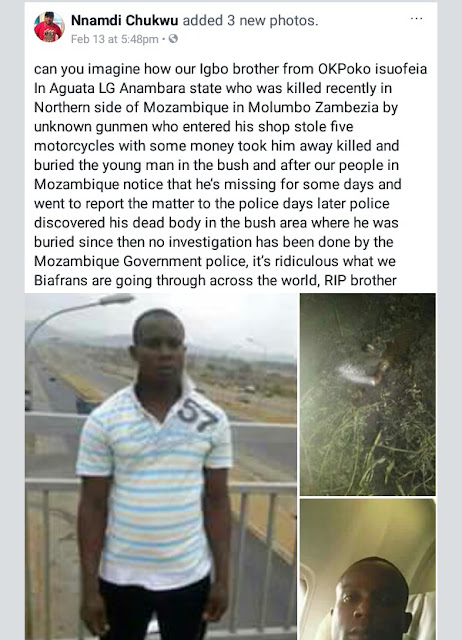 Photos: Suspected armed robbers kill Nigerian trader in Mozambique, bury body in bush 