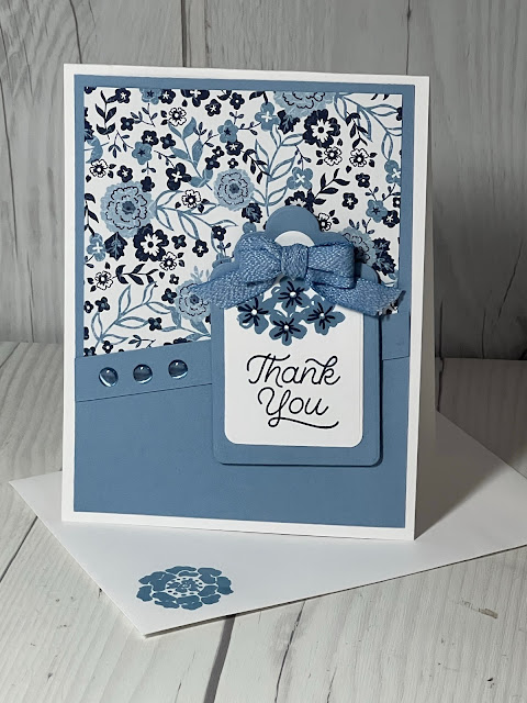 Floral Thank You card using Stampin' Up! Countryside Inn  Designer Series Paper and tags die cut from Something Fancy dies