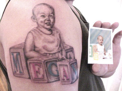 “Tattooed Baby” by Martina Segundo Russo – Mixed media on custom wood cutout