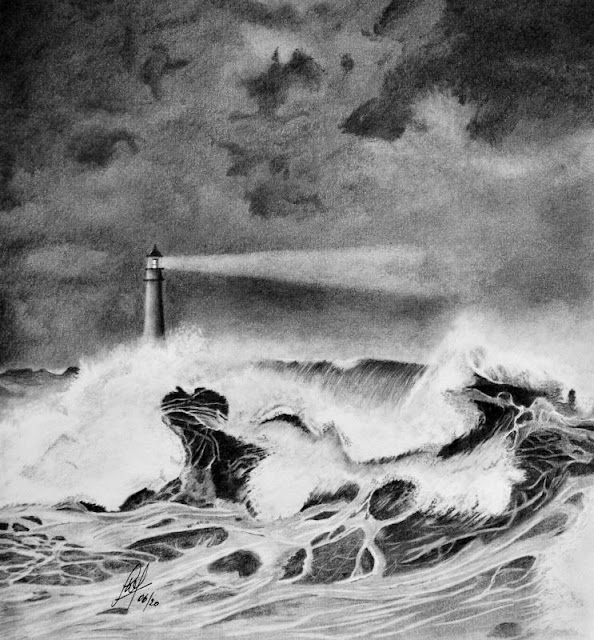 A pencil drawing of a Lighthouse at dusk and in a storm