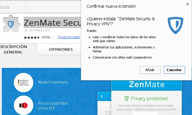 La extensión ZenMate Security & Privacy VPN