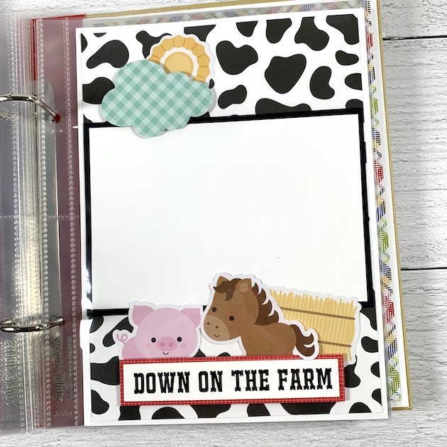 Down on the Farm Scrapbook Album page with pig, horse, and cow print