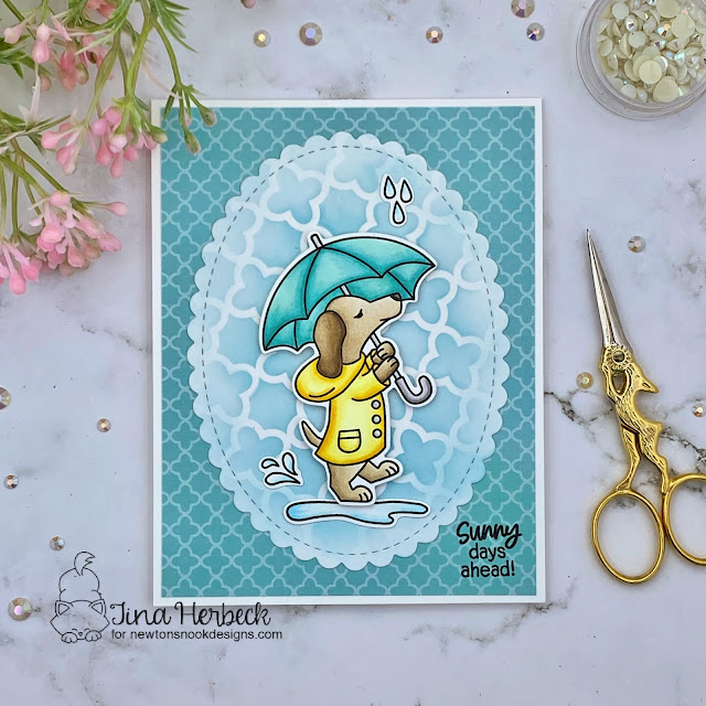 Dachshund and Umbrella Card by Tina Smith | Rainy Day Doxie Stamp Set, Quatrefoil Stencil and Oval Frames Die Set by Newton's Nook Designs