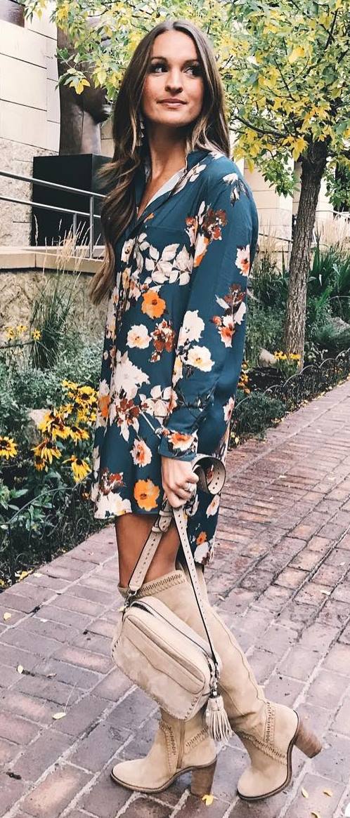 amazing fall outfit / floral dress + bag + nude high boots