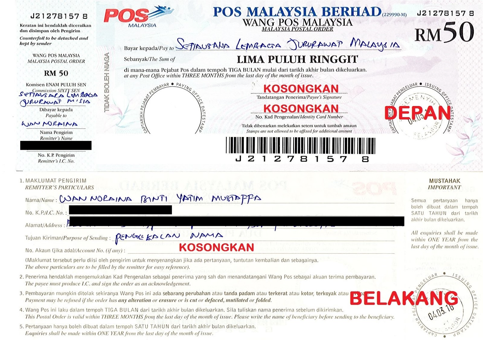 Contoh Sampul Surat Pos Berdaftar