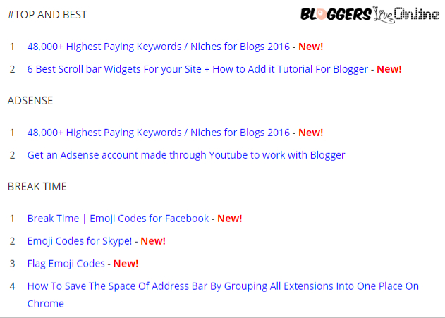 Table of Contents on Bloggers Live Online