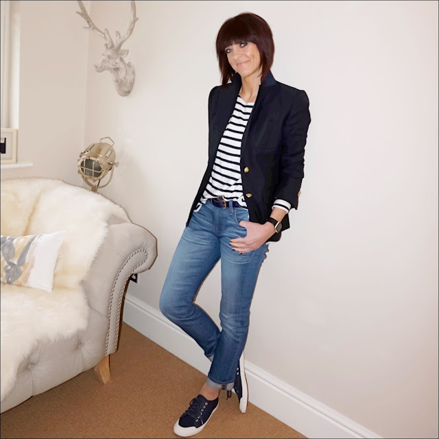 My Midlife fashion, j crew rhodes blazer, j crew long sleeve stripe breton, j crew boyfriend jeans, j crew tretorn canvas sneakers