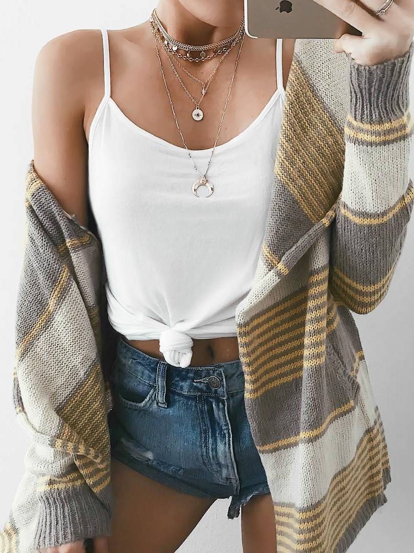 what to wear with a cardigan : white top + denim shorts