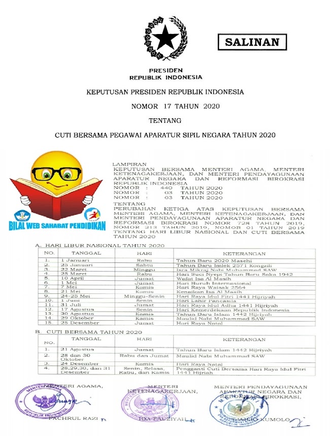 KEPPRES RI NOMOR 17 DAN SKB 3 MENTRI TAHUN 2020 TENTANG CUTI BERSAMA TAHUN 2020