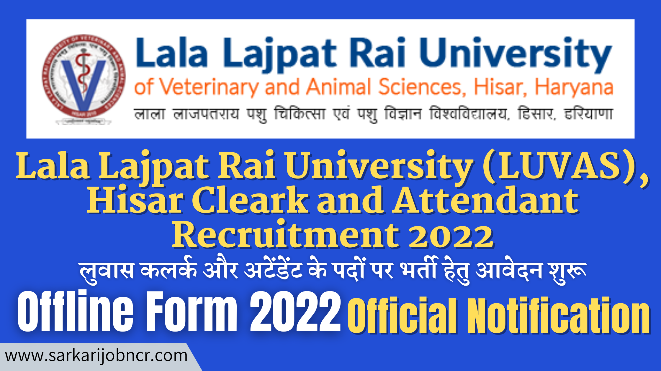 Lala Lajpat Rai University (LUVAS), Hisar Cleark and Attendant Recruitment  2022: लुवास कलर्क और अटेंडेंट के पदों पर भर्ती हेतु आवेदन शुरू