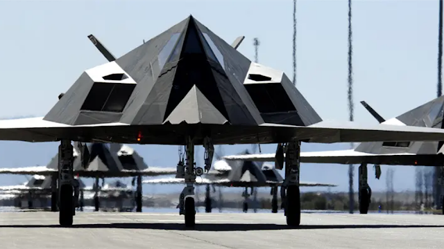 Pyramid shaped US Air Force Jet using stealth technologies.