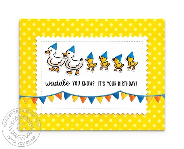 Sunny Studio Mama Duck with Ducklings Birthday Card using Puddle Jumpers Stamps, Mini Mat & Tag 4 and Polka-dot Parade Paper