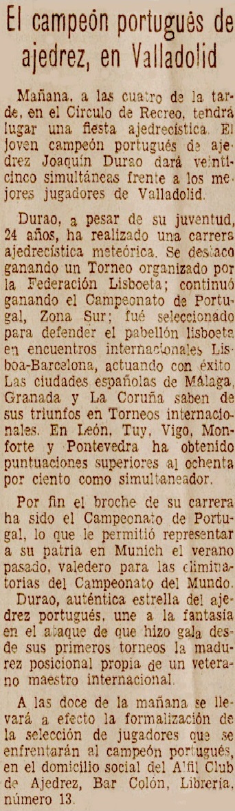 Simultáneas de ajedrez de Durão en Valladolid en 1955