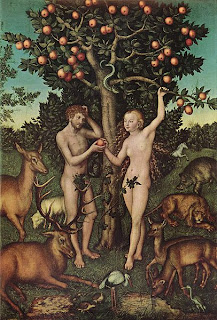 Naked Adam and Eve at the tree of knowledge