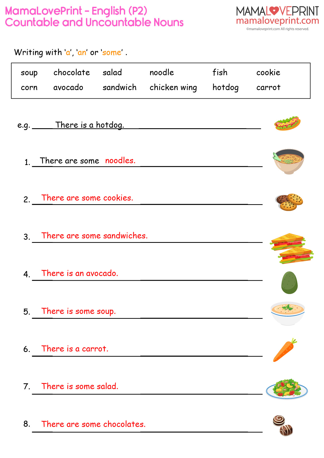 MamaLovePrint Grade 2 English Worksheets Basic Grammar Countable And Uncountable Nouns PDF