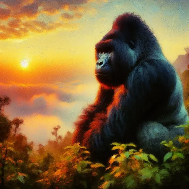 Gorilla en las montañas al amanecer. Arte digital
