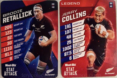 Weet-Bix Rugby Cards All Blacks Stat Attack 2022 - Standard Card (blue and red) Brodie Retallick #8 versus Legend Card (all red) Jerry Collins #36