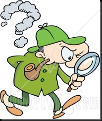 24643-Clipart-Illustration-Of-Sherlock-Holmes-A-Caucasian-Man-In-A-Green-Hat-Coat-And-Pants-Smoking-A-Pipe-And-Peering-Through-A-Magnifying-Glass-While-Searching-For-Evidence