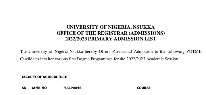 University of Nigeria Nsukka Released primary admission list 2022-2023