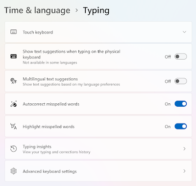 Windows 11 Time and Language - Typing