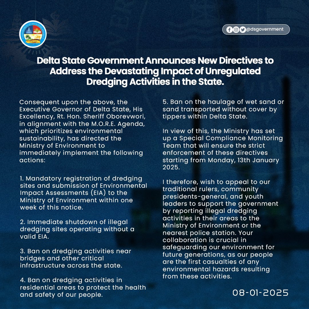 Delta State: 'Unregulated and reckless dredging activities have become a significant source of environmental degradation' - Govt