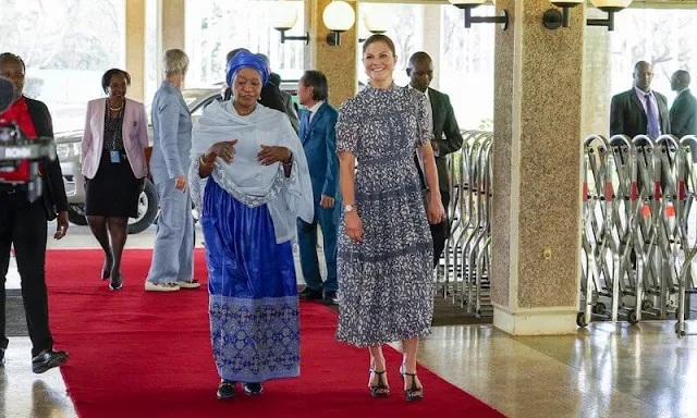 Crown Princess Victoria wore a new iro short sleeve printed maxi dress from By Malina. Pearl earrings