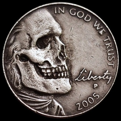 Skull hobo nickel, 2005, In God We Trust