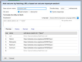 Screen capture of OpenRefine dialog box: add column by fetching URLs