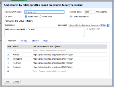 Screen capture of OpenRefine dialog box: add column by fetching URLs