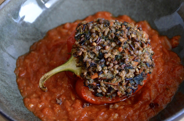 LENTIL, RICE AND KALE STUFFED PEPPERS WITH TOMATO SAUCE