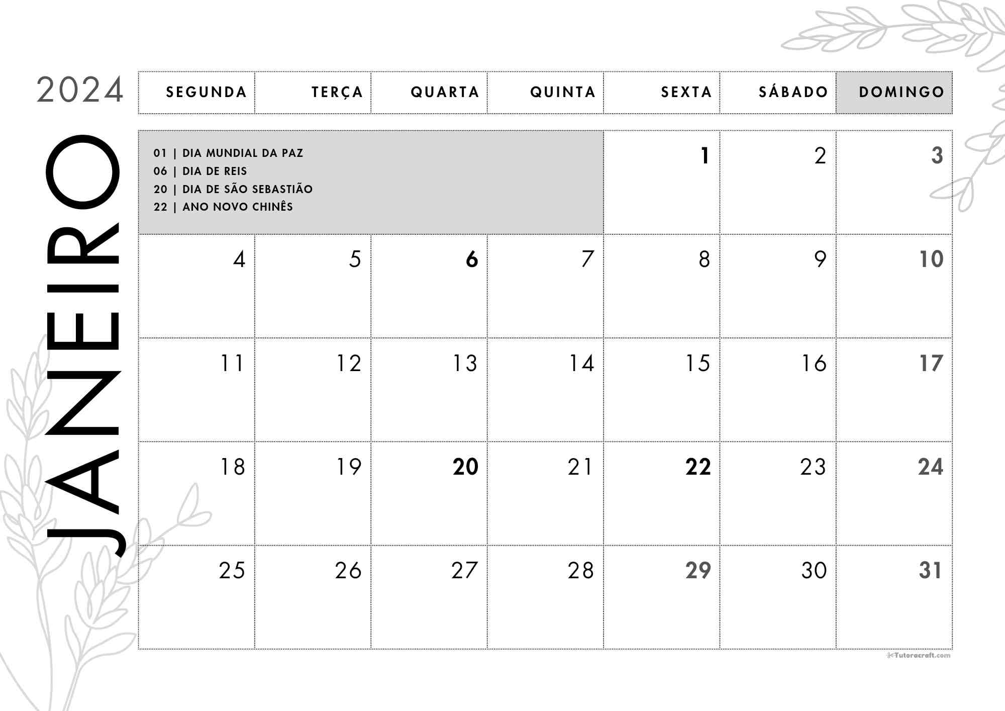 Calendário mensal Janeiro 2024 para imprimir