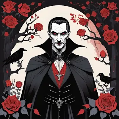 conde drácula é um homem vampiro perverso. arte sombria com cores vibrantes e dramáticas, vampiro mau sangue, roseiras com espinhos