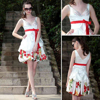 Print White V-Neck Knee Length Dress