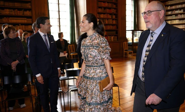 Crown Princess Victoria wore a floral print maxi dress from By Malina, and brown calfskin armissa pumps from Ralph Lauren