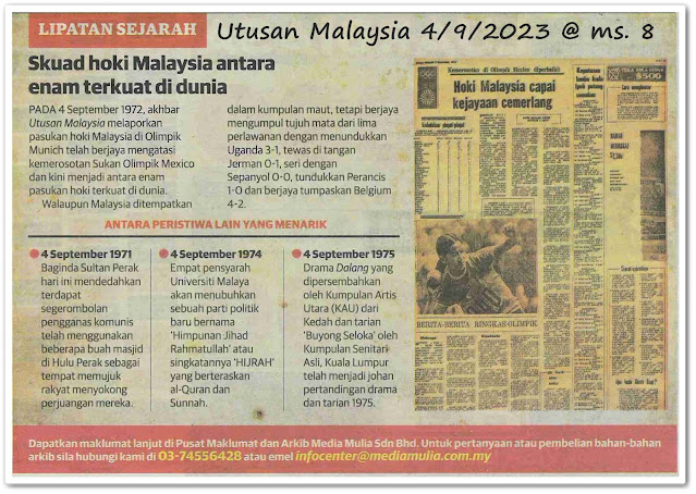 Lipatan sejarah 4 September - Keratan akhbar Utusan Malaysia 4 September 2023