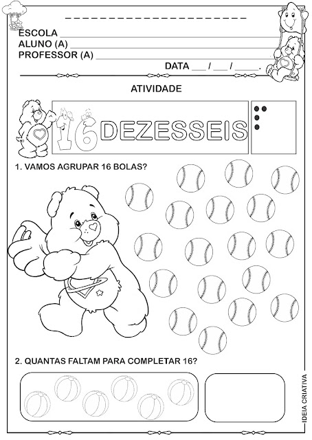 Atividade numeral 16 ursinhos Carinhosos completando contando, registrando e agrupando