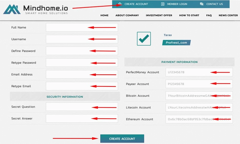 Регистрация в Mindhome