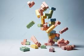 A pile of colorful LEGO candies falling through the air. LEGO candies come in a variety of shapes and sizes, some of which have pins and holes like real LEGO bricks.
