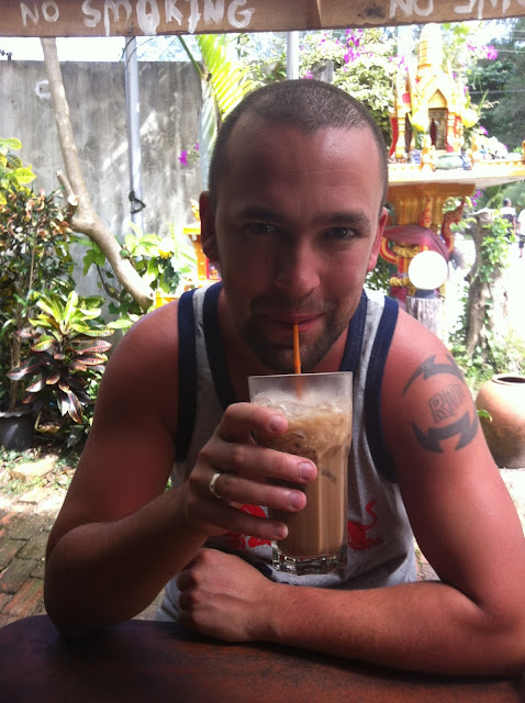 Andrew drinking ice cold chocolate milk, Noporat, Ao Nang, Krabi Thailand 