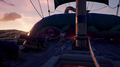 A pirate ship sails across a vast ocean under a cloudy sky, symbolizing the adventurous spirit of Sea of Thieves