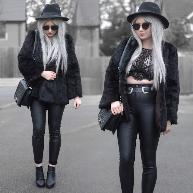 Sammi Jackson - Primark Fedora Hat / Zaful Sunglasses / Shein Faux Fur Coat / Chickaberry Boutique Ilsa Lace Top / Primark Lace Bralet / ASOS Double Buckled Belt / Primark Shiny Jeans / OASAP Quilted Flap Bag / Office Chunky Chelsea Boots 