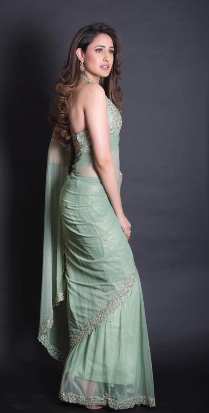Indian Girl Pragya Jaiswal In Transparent Green Saree
