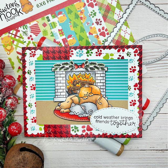 Cold weather brings friends together by Crystal features Fireside Friends, Frames & Flags, Oval Frames, and Meowy Christmas  by Newton's Nook Designs; #inkypaws, #newtonsnook, #holidaycards, #wintercards, #christmascards, #cardmaking, #cardchallenge, #catcards, #dogcards