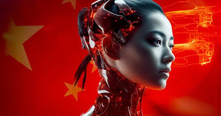 AI human female cyborg red background asian china