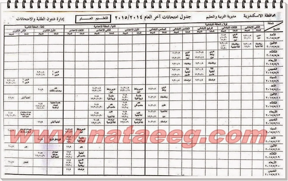 جدول امتحانات الترم الثانى للشهادة الأعداديه والابتدائيه والثانويه العامه 2015 أخر العام (محافظة الاسكندريه) الترم الثانى